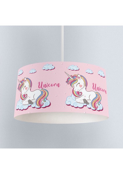 Gökkuşağı Unicorn Pembe Desenli Çocuk Odası Dijital Baskılı Sarkıt Avize