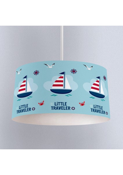 Mavi Küçük Gezgin Desenli Çocuk Odası Dijital Baskılı Sarkıt Avize