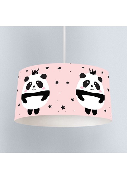 Tozpembe Panda ve Taç Desenli Çocuk Odası Dijital Baskılı Sarkıt Avize