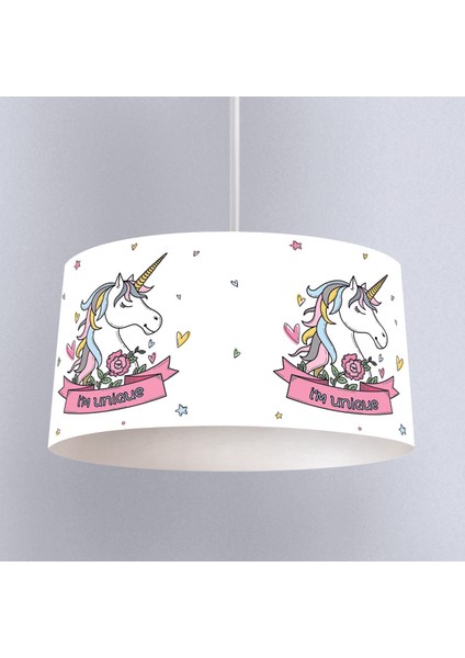 Unicorn Pembe Yıldız Desenli Çocuk Odası Dijital Baskılı Sarkıt Avize