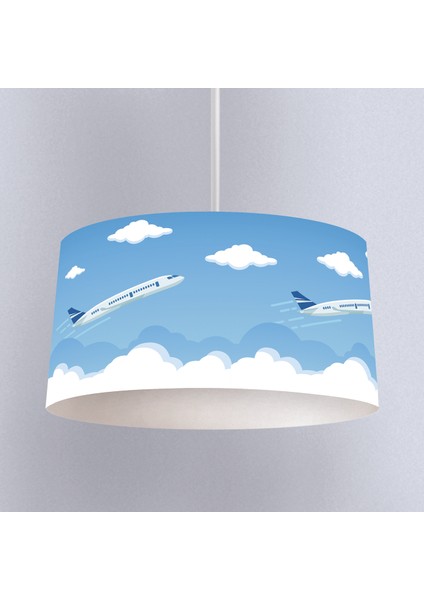 Uçak ve Bulut Desenli Çocuk Odası Dijital Baskılı Sarkıt Avize