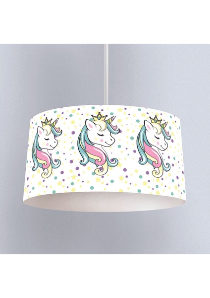 Puantiyeli Sevimli Unicorn Desenli Çocuk Odası Dijital Baskılı Sarkıt Avize