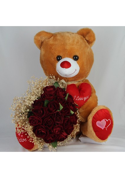 Buket Güller 20 Li Cipso Sarmalı Demet & Sevimli Peluş Ayıcık 50 cm Hediye Set modelleri