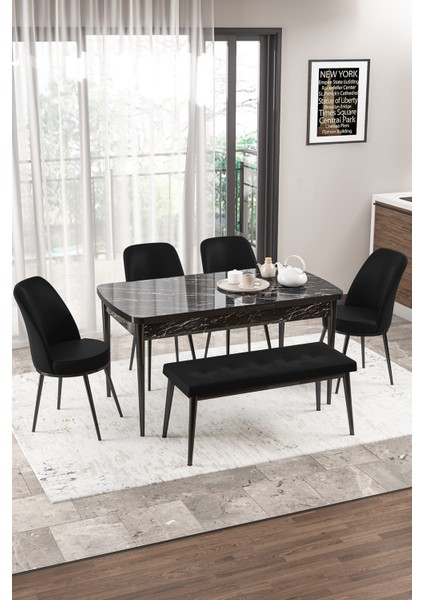 Concept Canisa Via Serisi Bench'li 80X132 Açılabilir 1.sınıf Siyah Mermer Desen Mutfak Masası Takımı