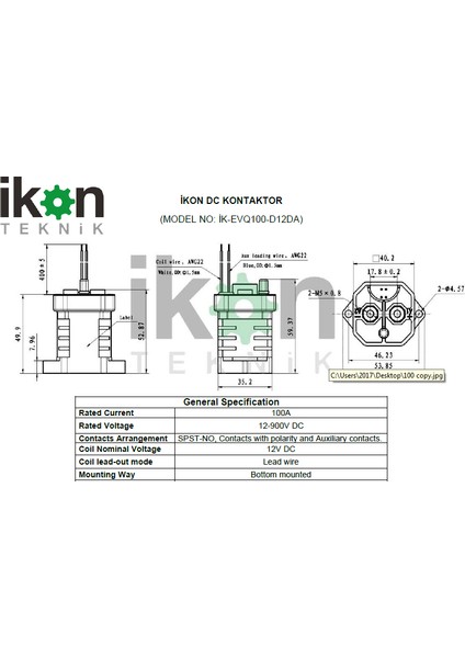 EVQ100D12DA Dc Kontaktör, 100A, 12-900V Dc, Spst No, Yardımcı Kontak