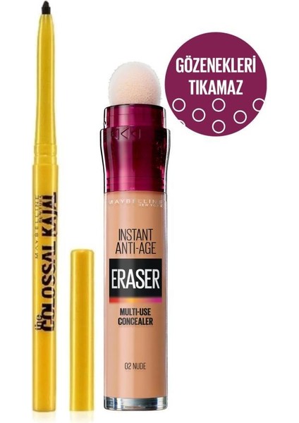 Maybelline Instant Anti Age Eraser Kapatıcı-02 Nude + Kajal Kalem Set