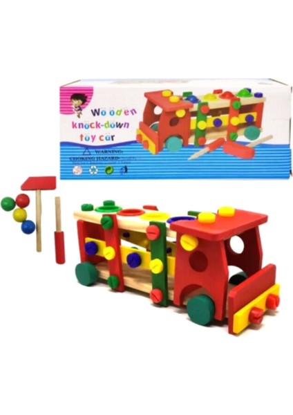 Wooden Knock Down Toy Car - Kırmızı