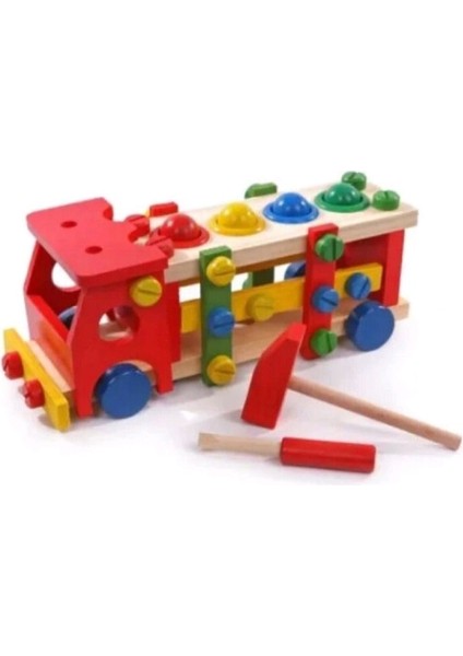 Wooden Knock Down Toy Car - Kırmızı