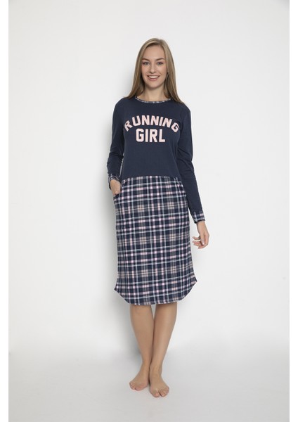 Kadın %100 Pamuk Yazı Baskılı Cepli Ekose Lacivert Renk Pijama Tunik