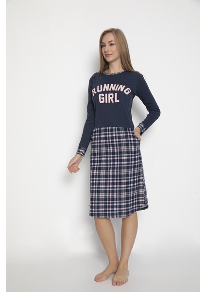 Kadın %100 Pamuk Yazı Baskılı Cepli Ekose Lacivert Renk Pijama Tunik fiyatları
