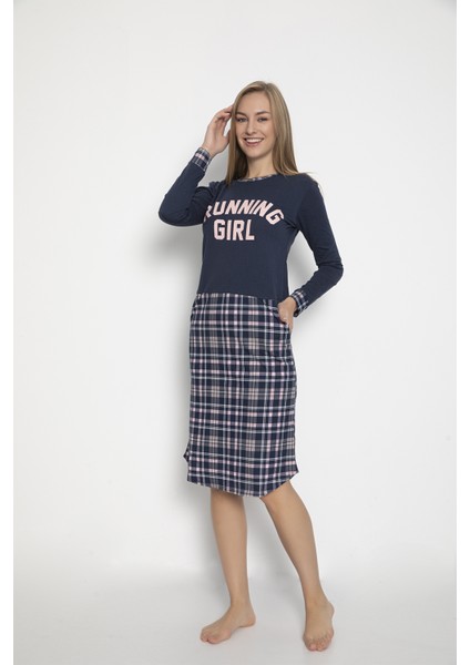 Kadın %100 Pamuk Yazı Baskılı Cepli Ekose Lacivert Renk Pijama Tunik modelleri