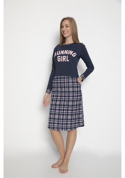 Kadın %100 Pamuk Yazı Baskılı Cepli Ekose Lacivert Renk Pijama Tunik fırsatları