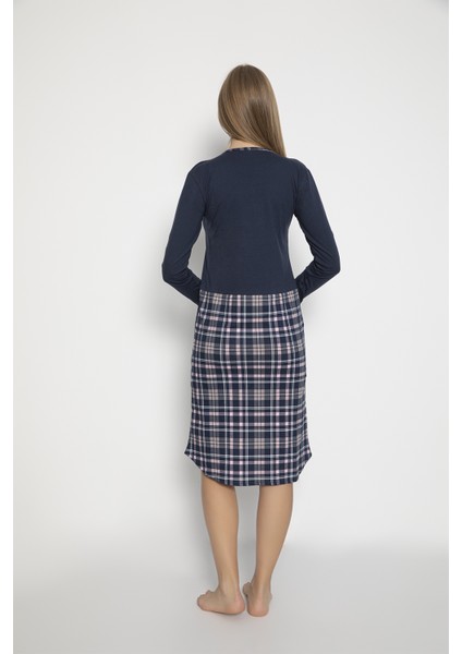 Kadın %100 Pamuk Yazı Baskılı Cepli Ekose Lacivert Renk Pijama Tunik indirimleri