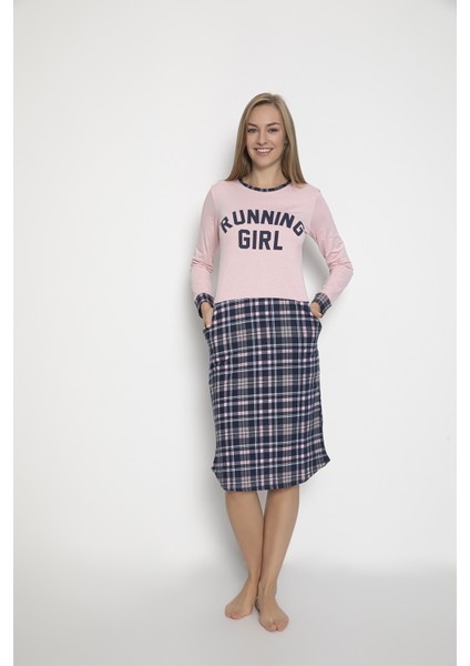 Kadın %100 Pamuk Yazı Baskılı Cepli Ekose Pembe Renk Pijama Tunik