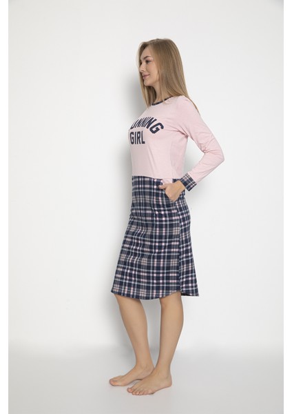 Kadın %100 Pamuk Yazı Baskılı Cepli Ekose Pembe Renk Pijama Tunik fırsatları