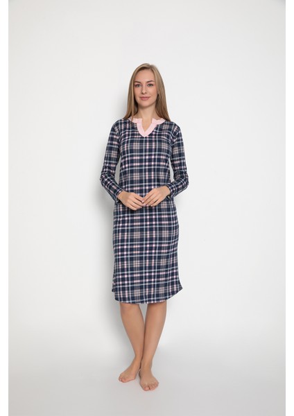 Kadın %100 Pamuk Ekose Baskılı Cepsiz Pijama Tunik