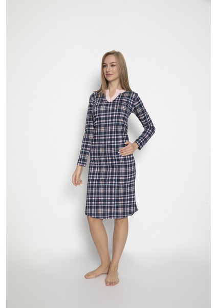 Kadın %100 Pamuk Ekose Baskılı Cepsiz Pijama Tunik fırsatları