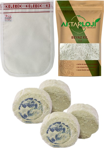 Ruşur Taşı 4 Adet & Kalın Banyo Kesesi + Toz Beyaz Kil 250 gr
