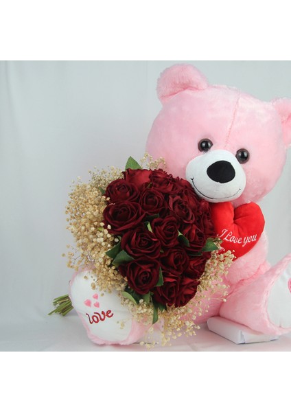 Buket Güller 20 Li Cipso Sarmalı Demet & Sevimli Peluş Ayıcık 50 cm Hediye Sevgiliye