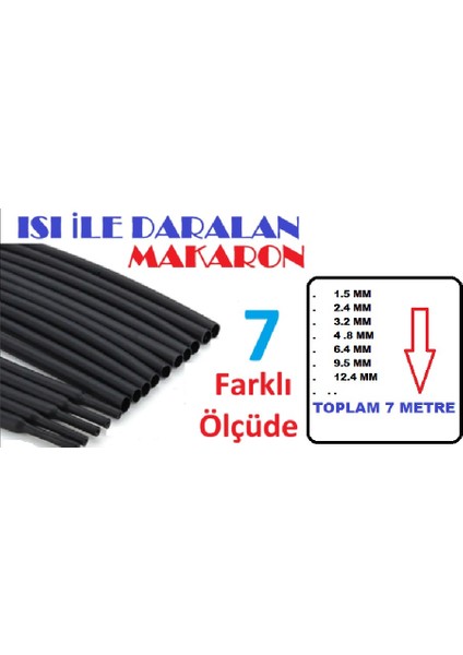 Daralan Makaron 7'li Set (1'er Metre) Makaron Kablo Isıyla Daralan Makaron Shrink Kablo Tamirat Seti