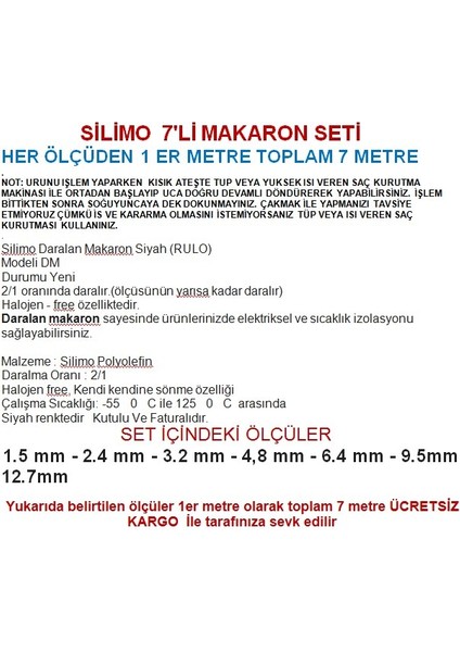 Daralan Makaron 7'li Set (1'er Metre) Makaron Kablo Isıyla Daralan Makaron Shrink Kablo Tamirat Seti