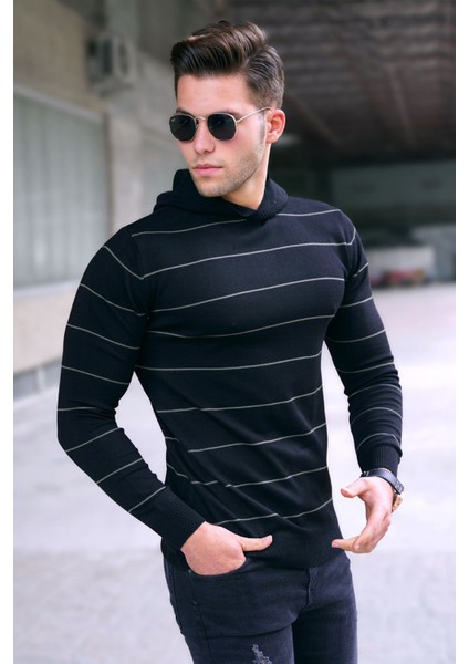 Siyah Kapüşonlu Erkek Kazak 5623