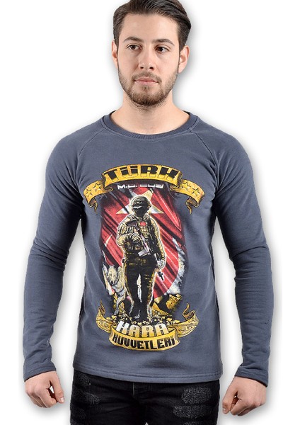 Kara Kuvvetleri Baskılı Erkek Uzun Kollu Sweatshirt - Gri