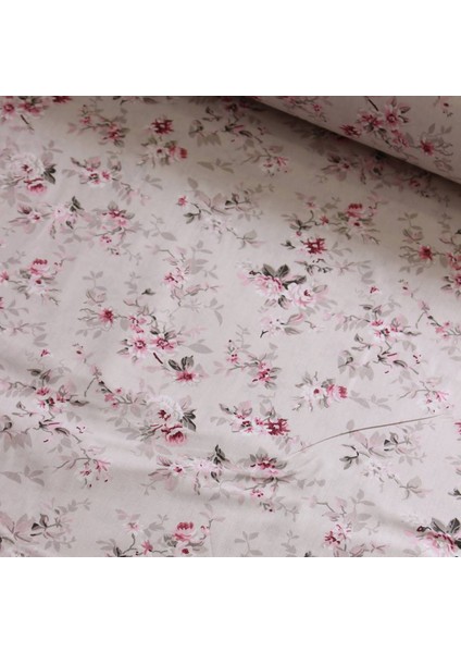 Bej Japon Çiçeği Nevresimlik Poplin Kumaş