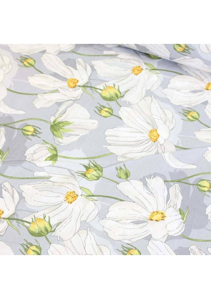 Papatya Bahçesi Gri Nevresimlik Poplin Kumaş