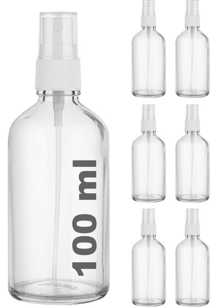 100 cc Şeffaf Sprey Kapaklı 100 ml Beyaz Fısfıs Kolonya Dezenfektan Cam Şişe 6 Adet