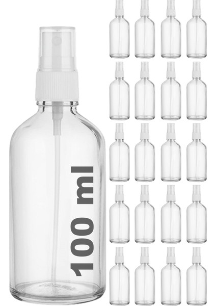 100 cc Şeffaf Sprey Kapaklı 100 ml Beyaz Fısfıs Kolonya Dezenfektan Cam Şişe 20 Adet