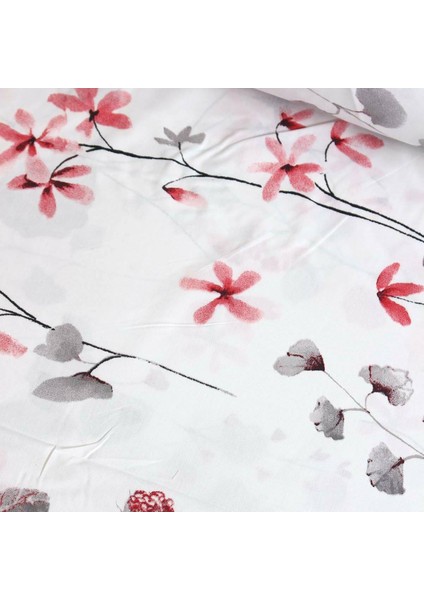 Kırmızı Gri Suluboya Kır Çiçeği Nevresimlik Poplin Kumaş