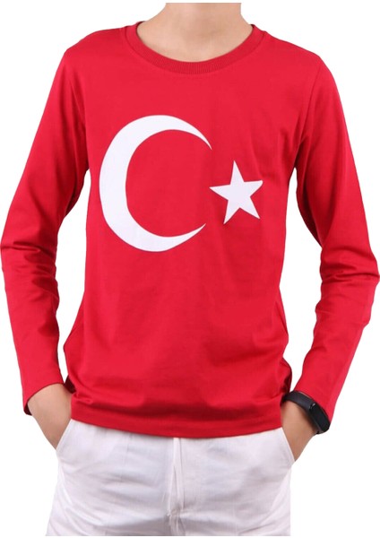 Ay Yıldız Baskılı Uzun Kollu Kırmızı Çocuk T-Shirt