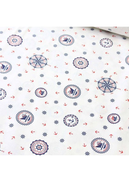 Beyaz Zemin Gemici Kırmızı Nevresimlik Poplin Kumaş