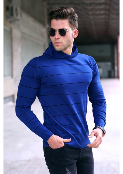 Indigo Kapüşonlu Erkek Kazak 5623