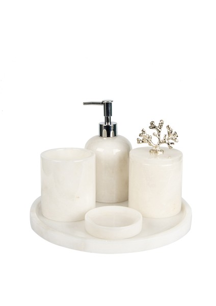 Rolin Beyaz Mermer Banyo Seti 5li - Gümüş Mercan