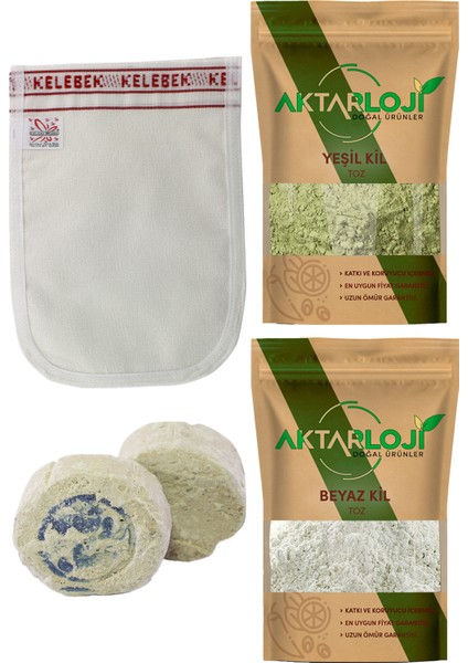 250 gr Toz Yeşil Kil + 250 gr Toz Beyaz Kil + Kalın Banyo Kesesi + 4 Adet Ruşur Taşı