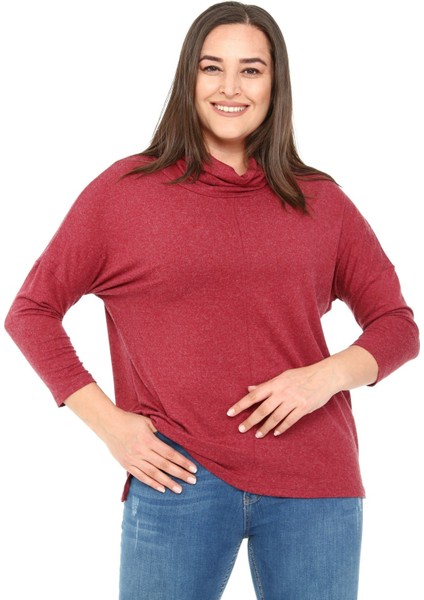 Büyük Beden Degaje Yaka Yırtmaç Detaylı Yün Viskon Bordo Bluz