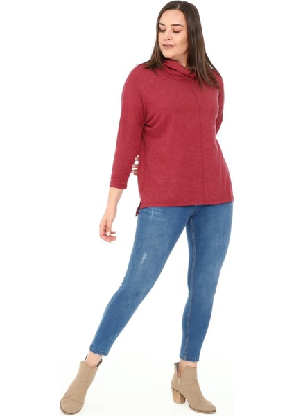 Büyük Beden Degaje Yaka Yırtmaç Detaylı Yün Viskon Bordo Bluz fiyatları