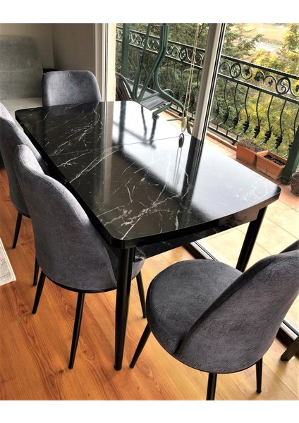 Concept Canisa Via Açılabilir Siyah Mermer Desen Mutfak Masası Takımı Masa+4 Füme Sandalye