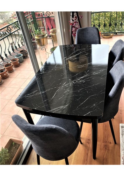 Concept Canisa Via Açılabilir Siyah Mermer Desen Mutfak Masası Takımı Masa+4 Füme Sandalye