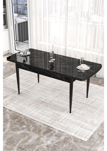 Concept Canisa Via Açılabilir Siyah Mermer Desen Mutfak Masası Takımı Masa+4 Füme Sandalye