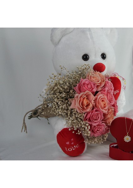 Demet Güller 20 Li Cipso Sarmalı Buket & Sevimli Peluş Ayıcık 50 cm Altın Kaplama Papatya Kolye Set