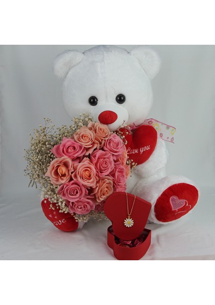 Demet Güller 20 Li Cipso Sarmalı Buket & Sevimli Peluş Ayıcık 50 cm Altın Kaplama Papatya Kolye Set fiyatları