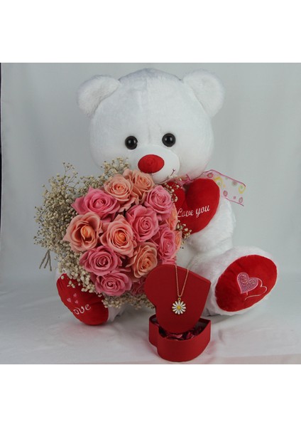 Demet Güller 20 Li Cipso Sarmalı Buket & Sevimli Peluş Ayıcık 50 cm Altın Kaplama Papatya Kolye Set modelleri