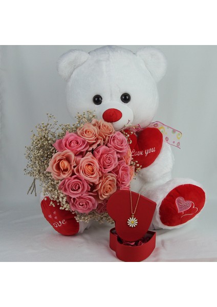 Demet Güller 20 Li Cipso Sarmalı Buket & Sevimli Peluş Ayıcık 50 cm Altın Kaplama Papatya Kolye Set fırsatları