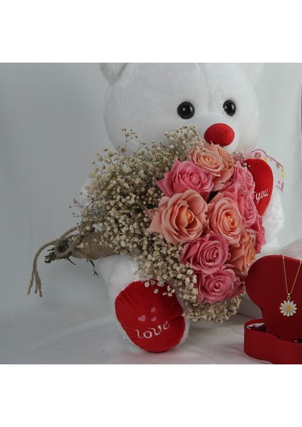 Demet Güller 20 Li Cipso Sarmalı Buket & Sevimli Peluş Ayıcık 50 cm Altın Kaplama Papatya Kolye Set indirimleri