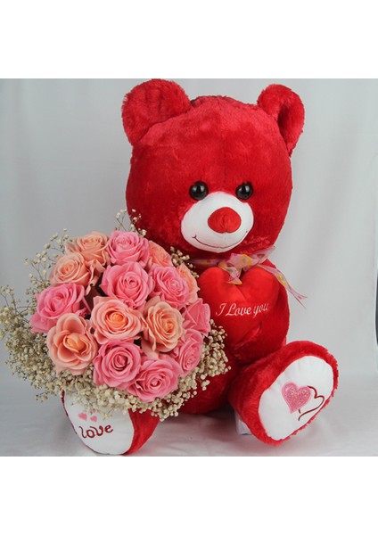 Buket Güller 15 Li Cipso Sarmalı Demet & Sevimli Peluş Ayıcık 50 cm Sevgiliye Hediye