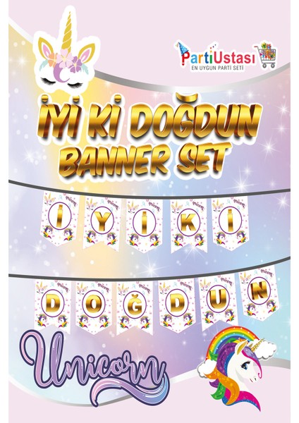 Parti Oyun Evi Unicorn Temalı Iyiki Doğdun Banner Yazı