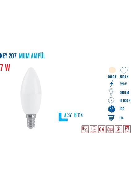 Ycl KEY-207B E14 7W 560 Lumen Mum LED Ampul Beyaz